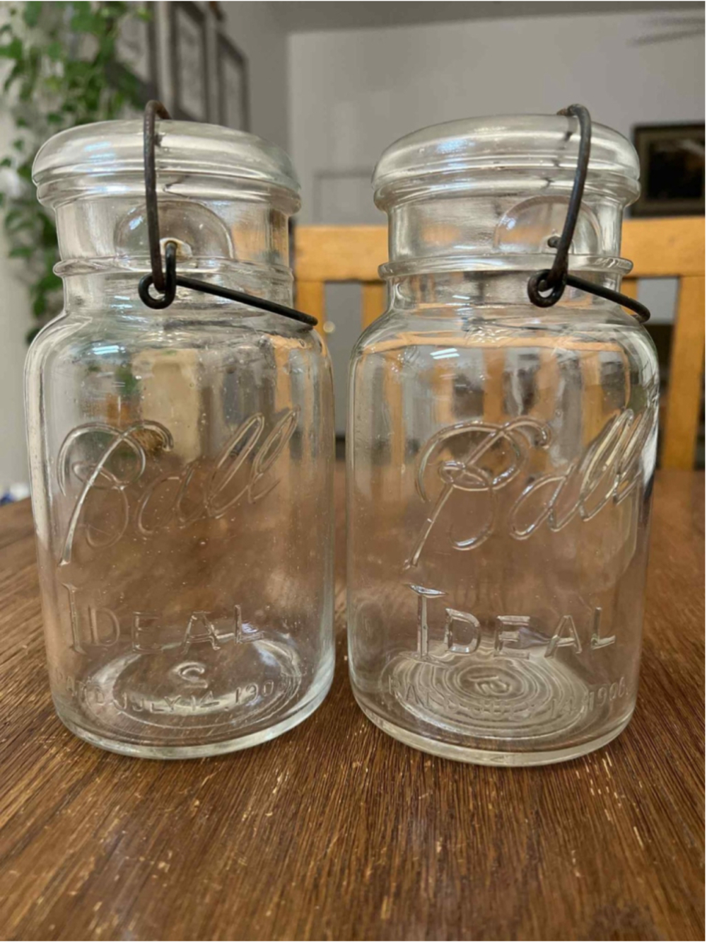 Vintage Ball Ideal Mason Jars X2 Wire Bails Glass Lids Clear 1 Qt Patent 1908*